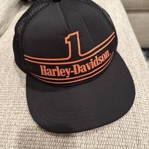 Harley-Davidson Black & Orange Logo Trucker Cap One Size Fits All Polyester Mesh